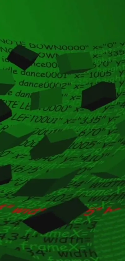 Futuristic wallpaper with green matrix code and 3D elements.