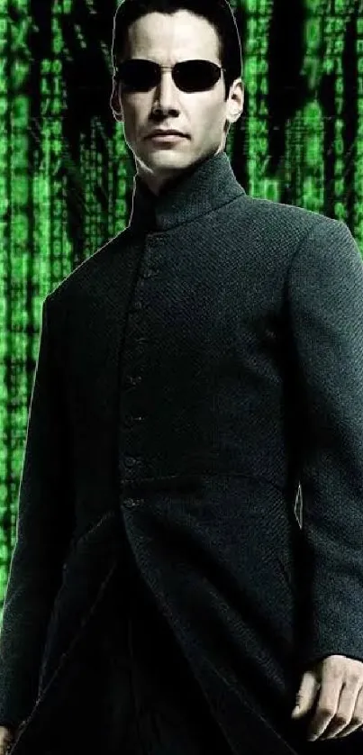 Matrix-inspired mobile wallpaper with green code and mysterious figure.