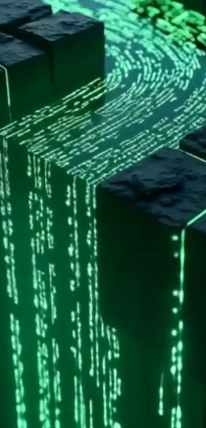 Futuristic matrix-inspired digital waterfall design in green hues.