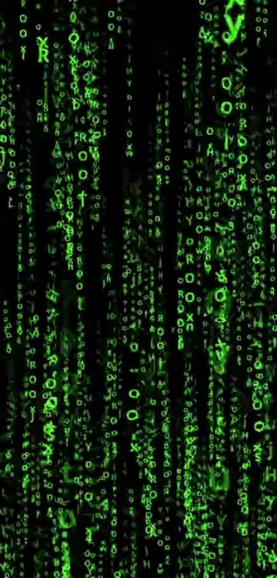 Matrix-inspired wallpaper with green cascading code on black background.