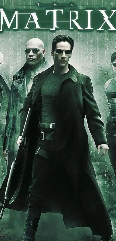 Futuristic Matrix movie wallpaper with iconic green design and characters.