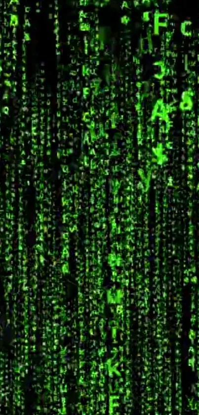 Futuristic mobile wallpaper with green Matrix code on a black background.