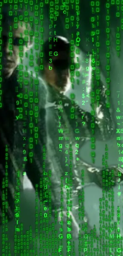 Futuristic Matrix-inspired wallpaper with green digital code.