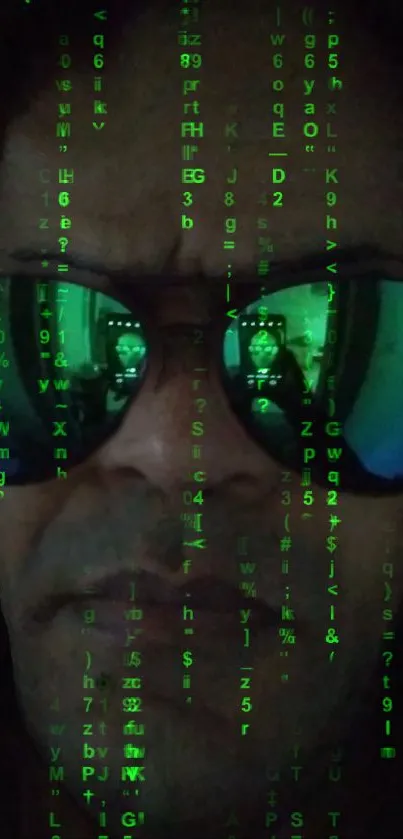 Matrix-inspired mobile wallpaper with green digital symbols and a reflective surface.