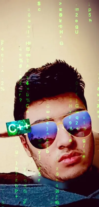 Matrix-inspired mobile wallpaper with digital codes and portrait.