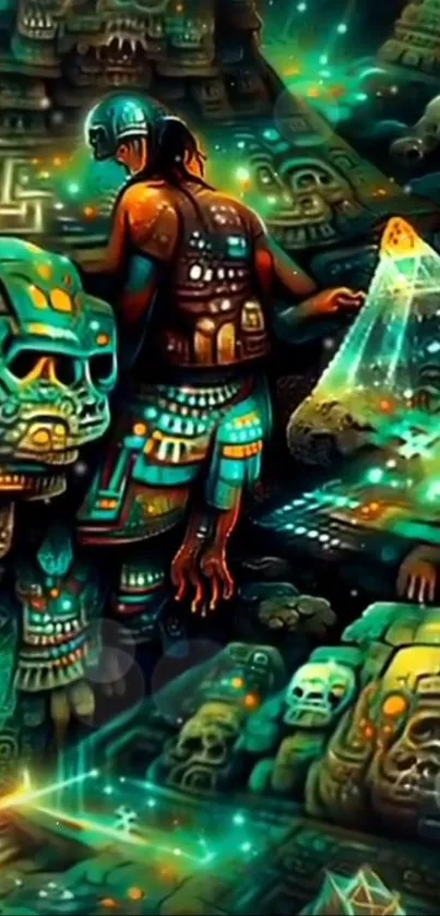 Futuristic Mayan art with neon colors and intricate patterns for mobile wallpaper.