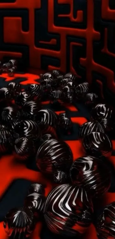 Futuristic abstract maze art with red tones.