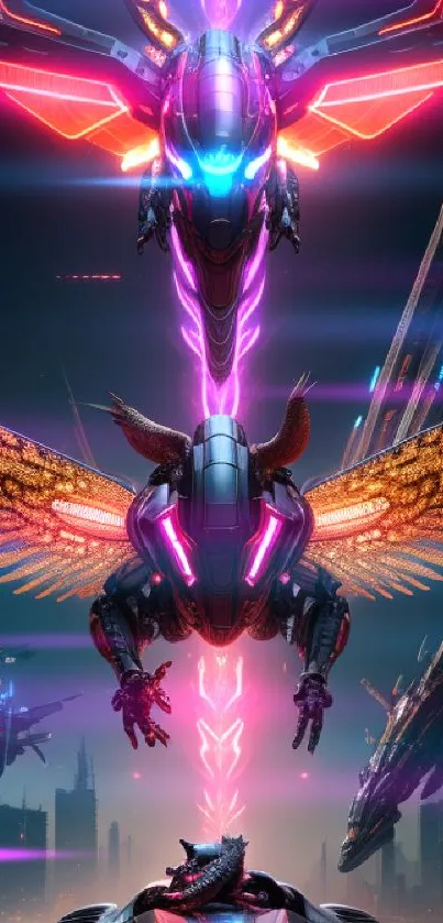 Futuristic mech battle over neon cityscape.