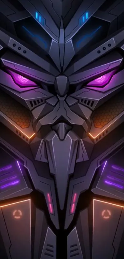 Futuristic mech face with purple glowing eyes on a dark background.