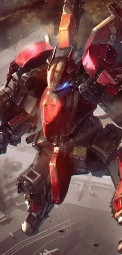 Futuristic red mech robot soaring through the sky in dramatic action scene.