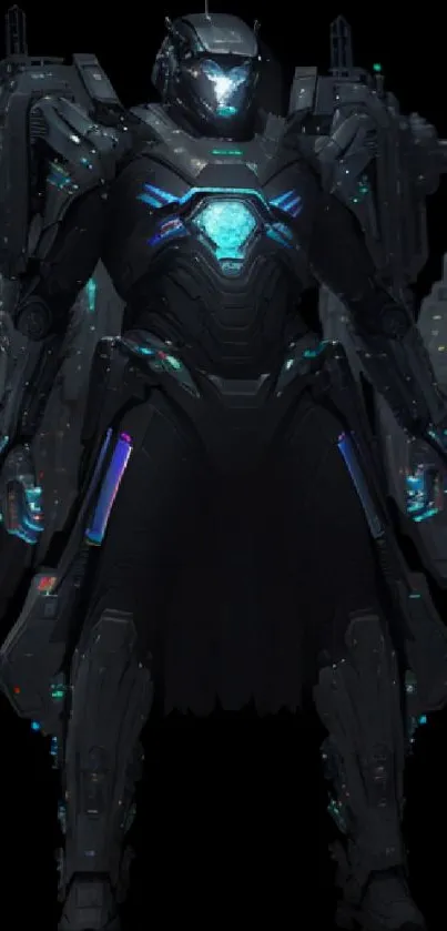 Futuristic mech suit with blue glowing accents, set against a dark background.