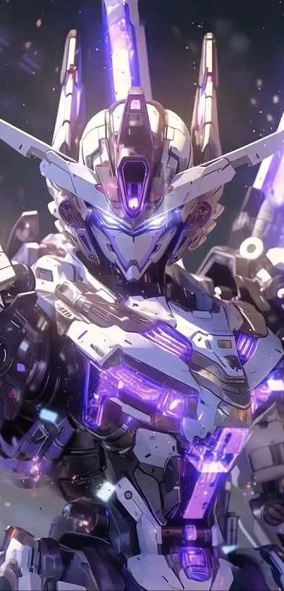 Futuristic mech warrior with purple glow accents.