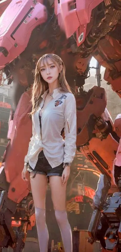 Stylish girl stands in front of a futuristic pink mech in an urban setting.