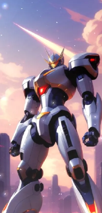 Anime mecha robot towering over a futuristic city skyline at sunset.