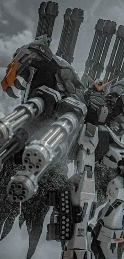 Futuristic mecha with cannons against a cloudy background.