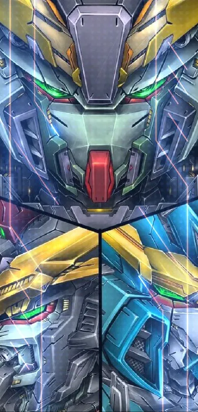 Futuristic mecha phone wallpaper with colorful robotic designs.