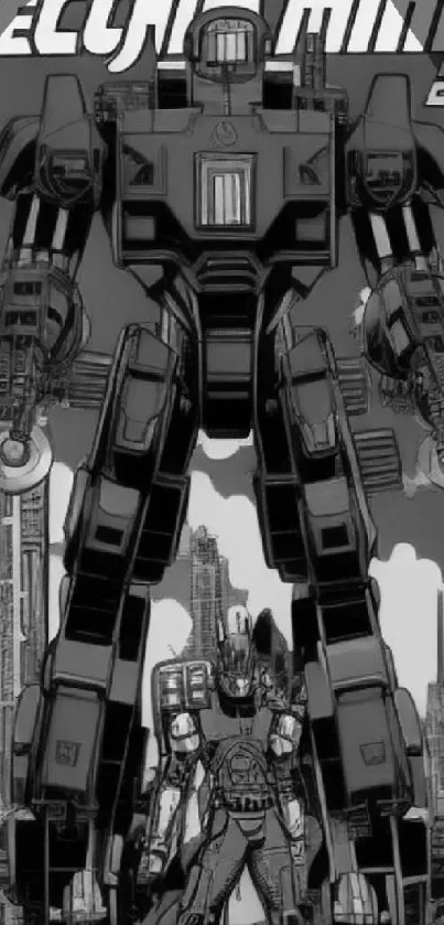 Black and white mecha robot illustration in a futuristic setting.