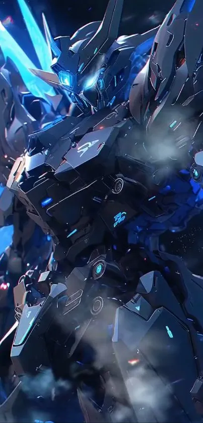 Futuristic mecha robot with blue highlights and sleek armor.