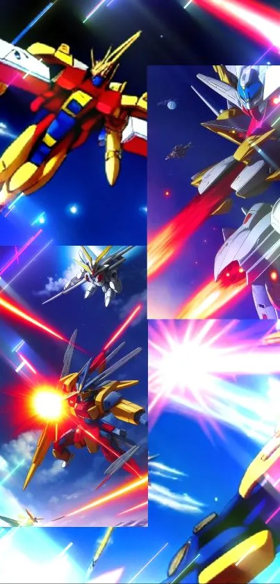 Futuristic mecha in dynamic anime style with colorful lasers.