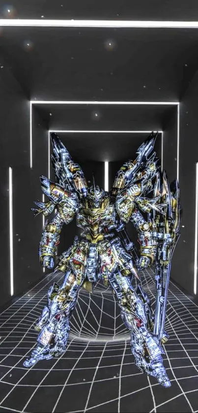 Futuristic mecha robot in a digital corridor with black background.