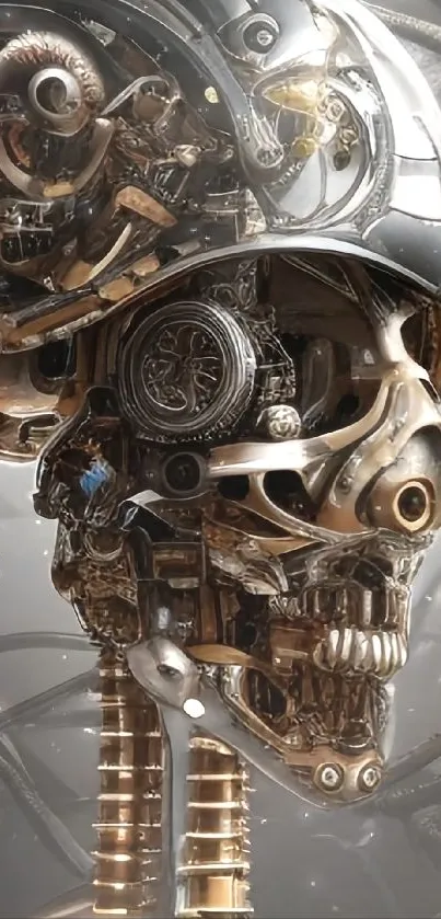 Intricate futuristic mechanical skull artwork in steampunk style.