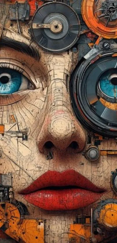 Futuristic face with gears and blue eyes.