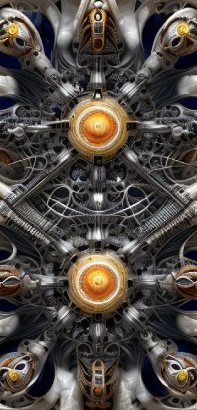 Futuristic mechanical art wallpaper with complex design and orange accents.