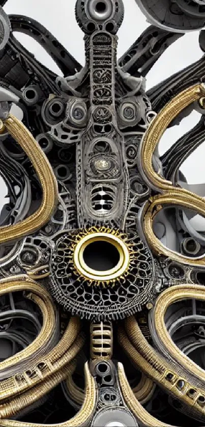 Intricate mechanical artwork with metallic and gold accents on gray background.