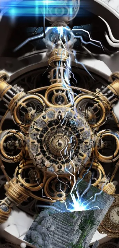 Futuristic mechanical art wallpaper with gears and blue electricity.