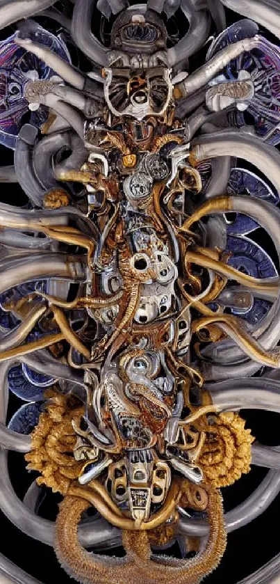 Detailed futuristic mechanical artwork with metallic and organic elements.