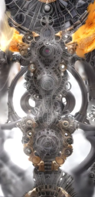 Intricate mechanical art with fiery accents.