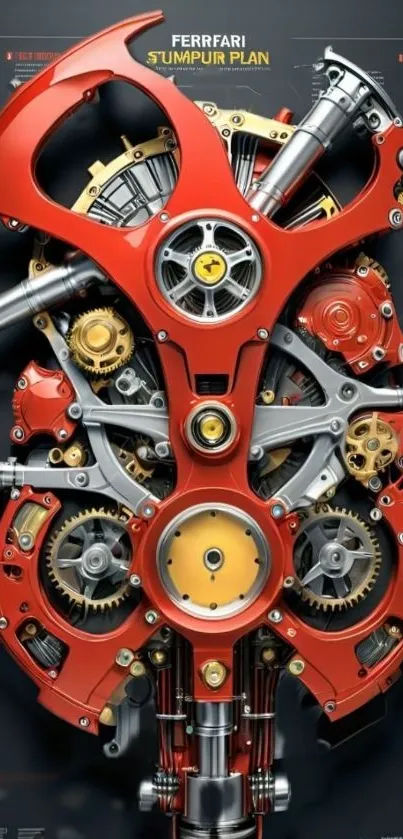 Futuristic red mechanical art with gears.