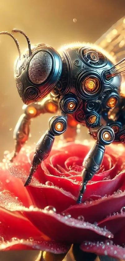 Mechanical bee on a dewy red rose in digital art.