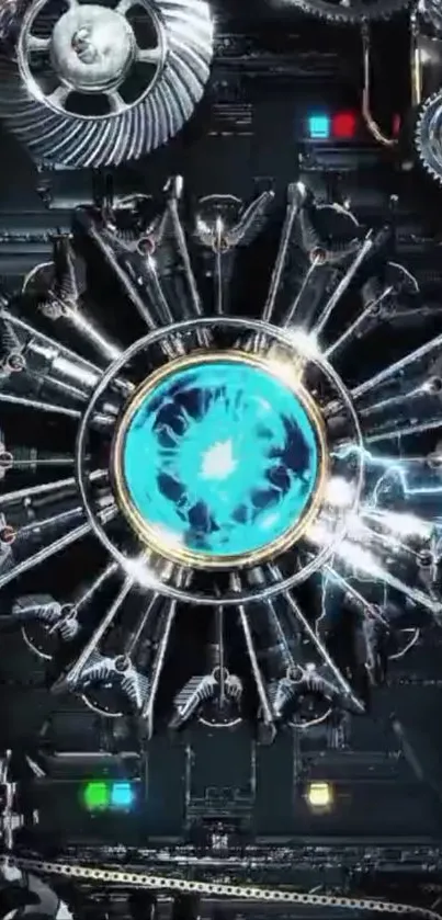 Futuristic mechanical wallpaper with gears and blue glow.