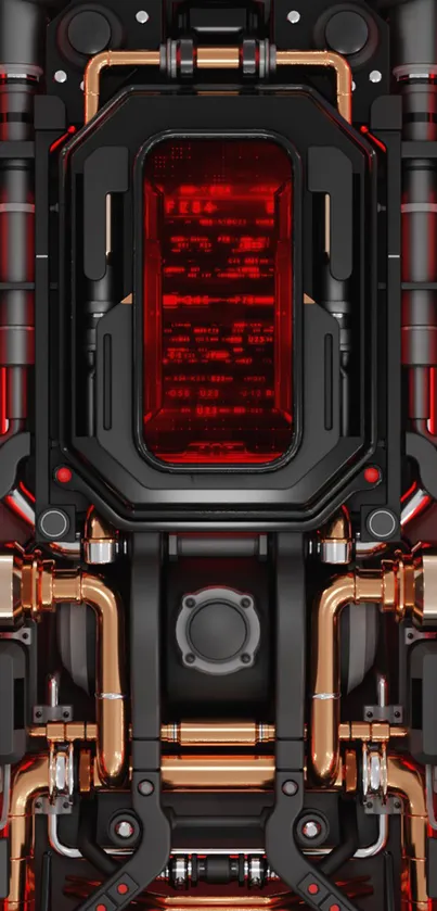 Futuristic mechanical mobile wallpaper with red and dark tones.