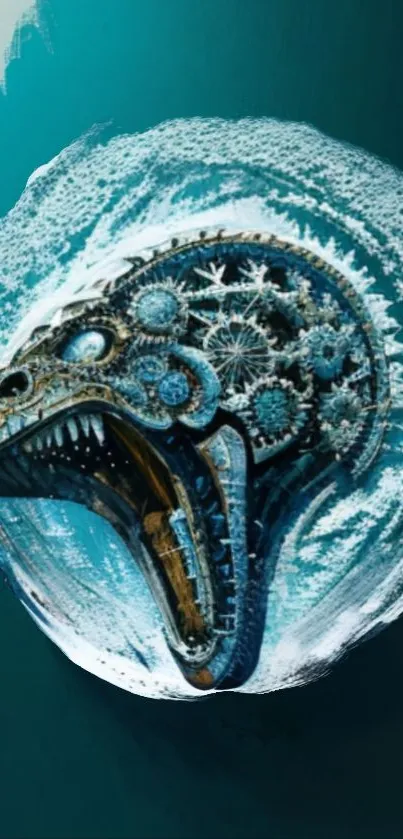 Futuristic artistic wallpaper of a mechanical dragon with gears.