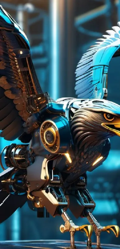 Futuristic mechanical eagle set against a blue background.