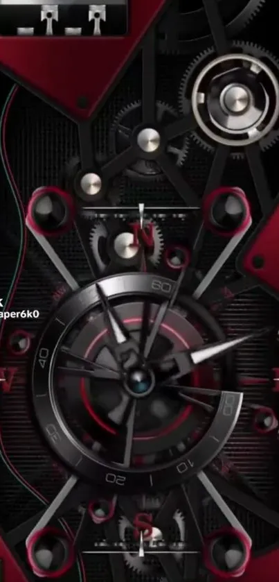 Futuristic wallpaper with mechanical gears and red accents.