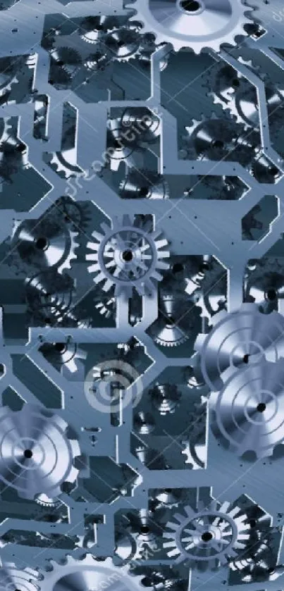 Intricate blue wallpaper with mechanical gears in a futuristic design layout.