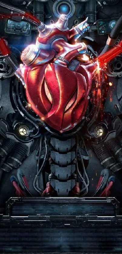 Futuristic mechanical heart with vibrant red and steel elements.