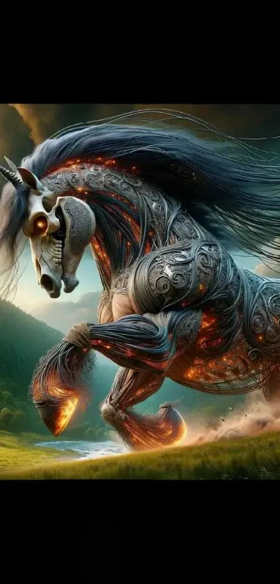 Futuristic mechanical horse emitting light in a vibrant fantasy setting.