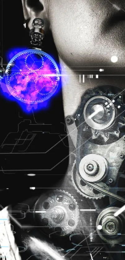Futuristic neck art with gears and monochrome design.