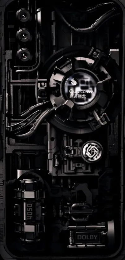 Futuristic mechanical smartphone wallpaper in dark gray tones.