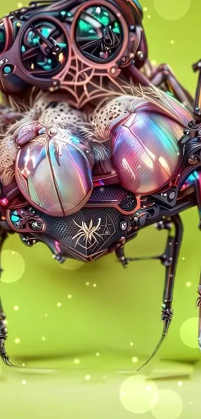 Futuristic mechanical spider art on a lime green background.