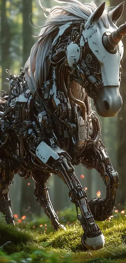 Mechanical unicorn in a forest setting, combining fantasy and technology.