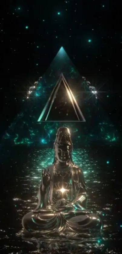 Futuristic Buddha statue with glowing triangle in space.