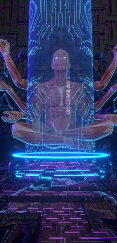 Futuristic holographic meditation artwork for phone wallpaper.