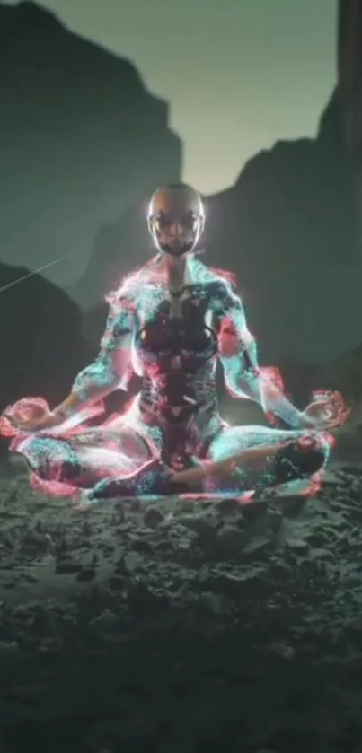 Meditating robot glowing in a mystical landscape.