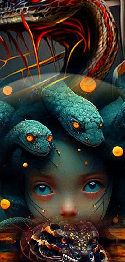 Futuristic Medusa with snakes digital wallpaper in teal and orange hues.