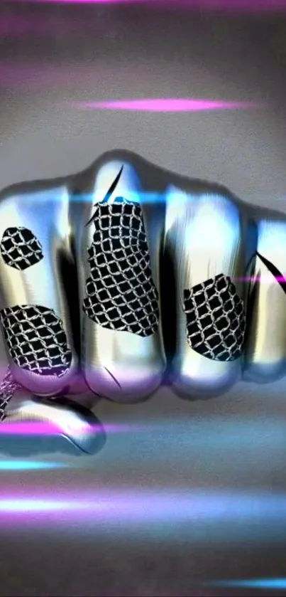 Futuristic metallic fist with neon lights.